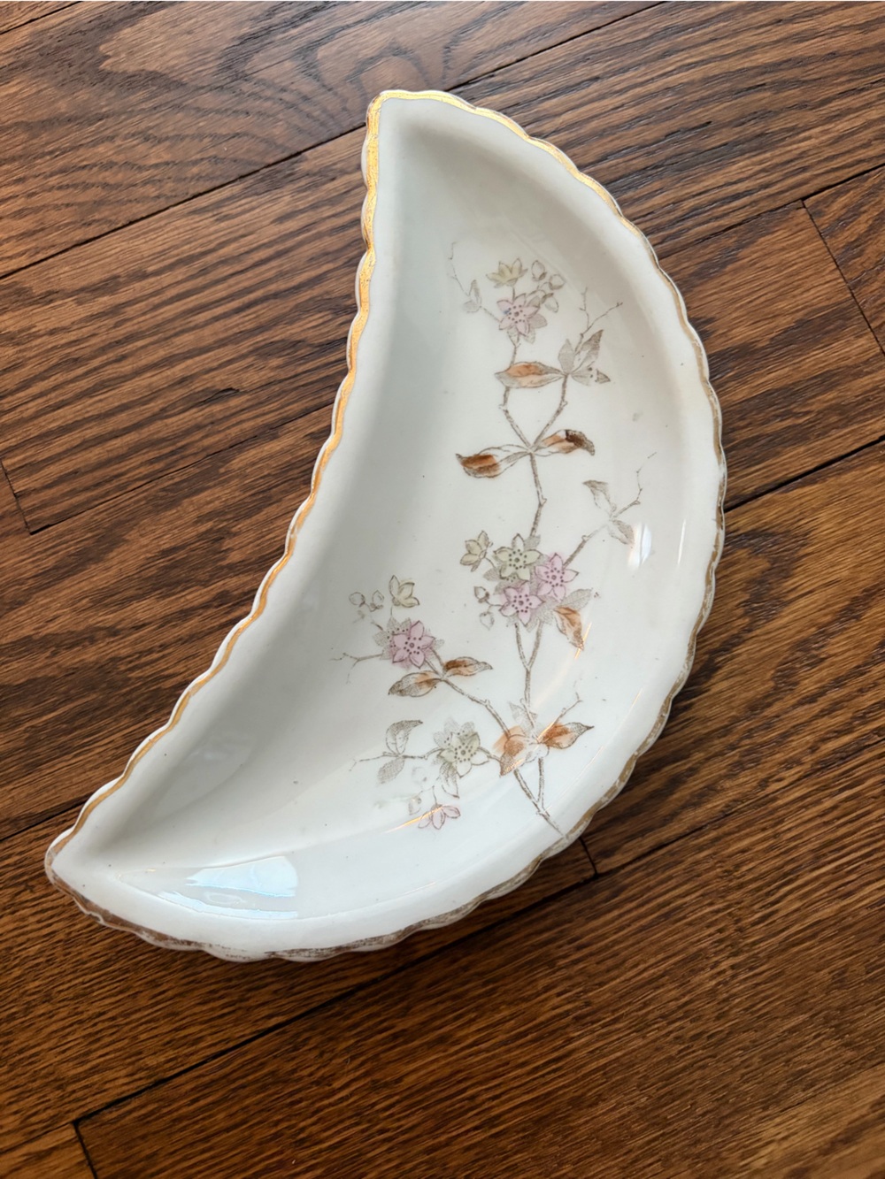 Vintage Floral Porcelain Bone Dish Crescent Scalloped Gold Rim